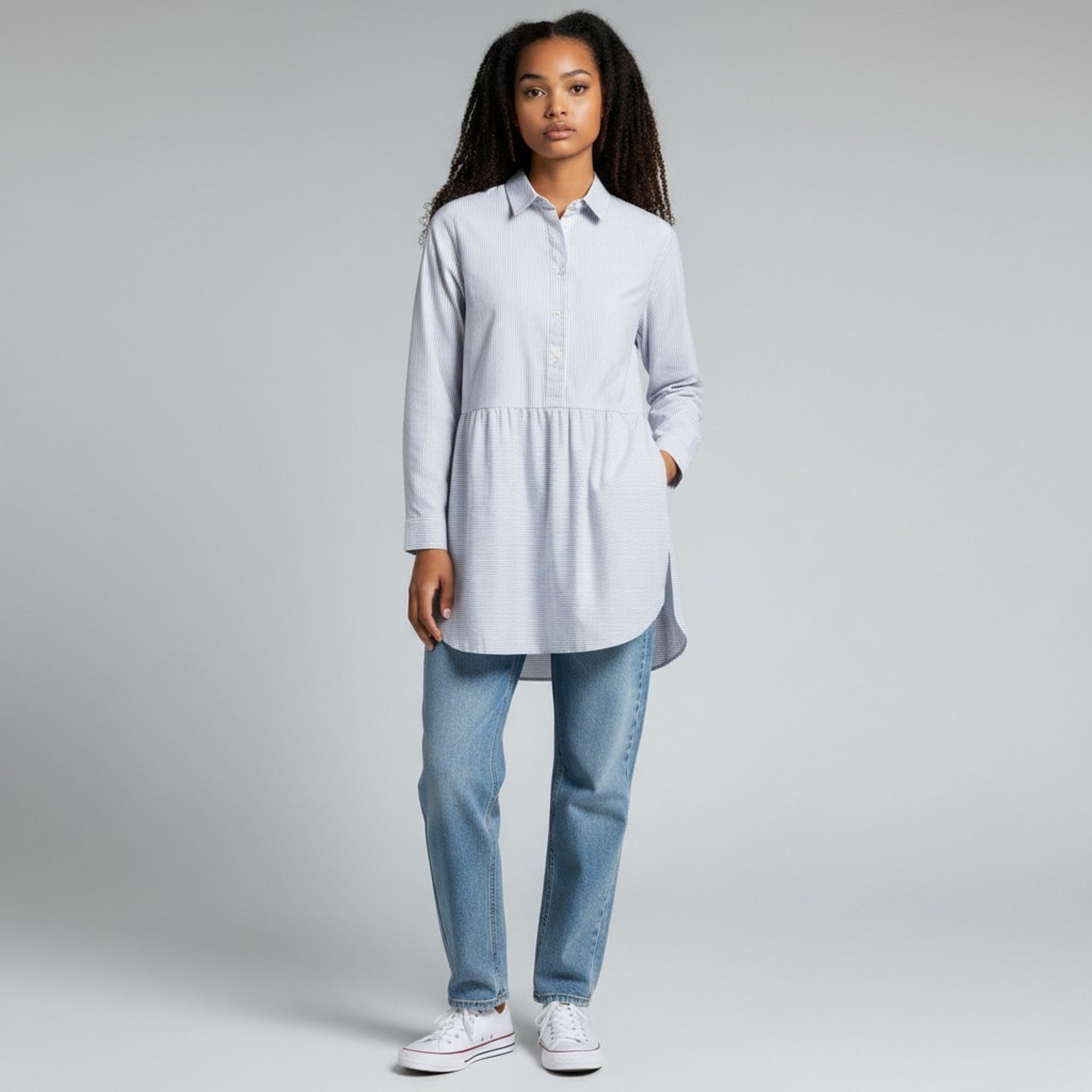 J Jill Navy White Pattern Button Up Tunic Xs Petite Cotton Blend Long Blouse